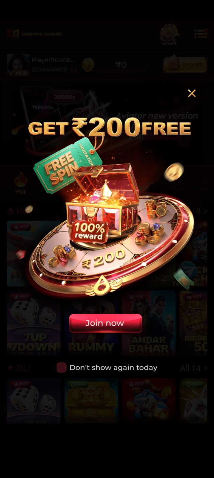 DAMAC Game online promotional screen showing ₹200 welcome offer and free spin gaming reward