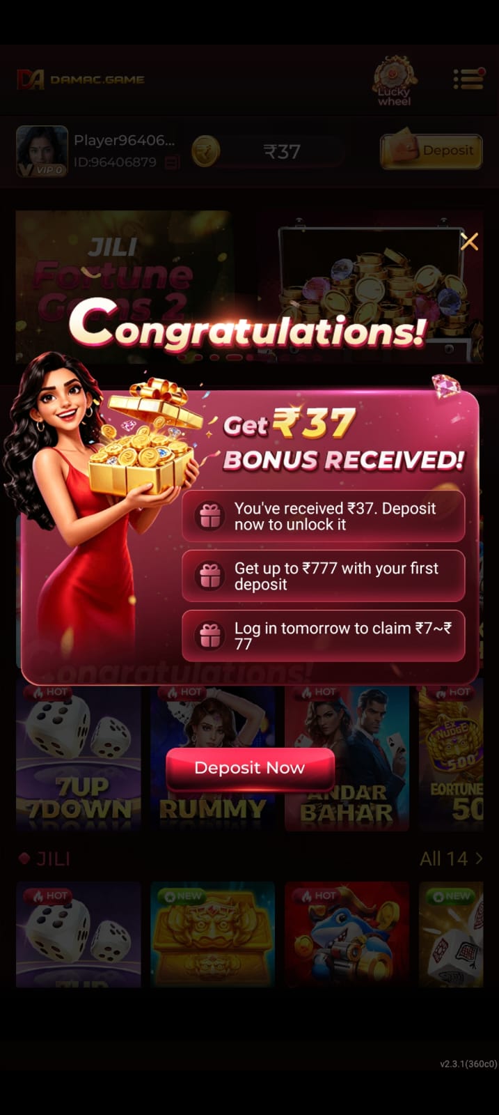DAMAC Game bonus screen showing ₹37 bonus received and first deposit reward promotion